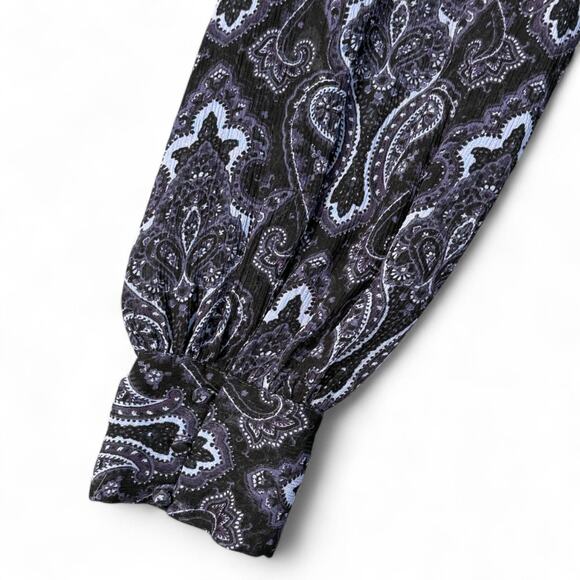 Paige Cleobelle Blouse Black Purple Paisley Silk Tie Neck L Moody Romantic Goth - Picture 7 of 10